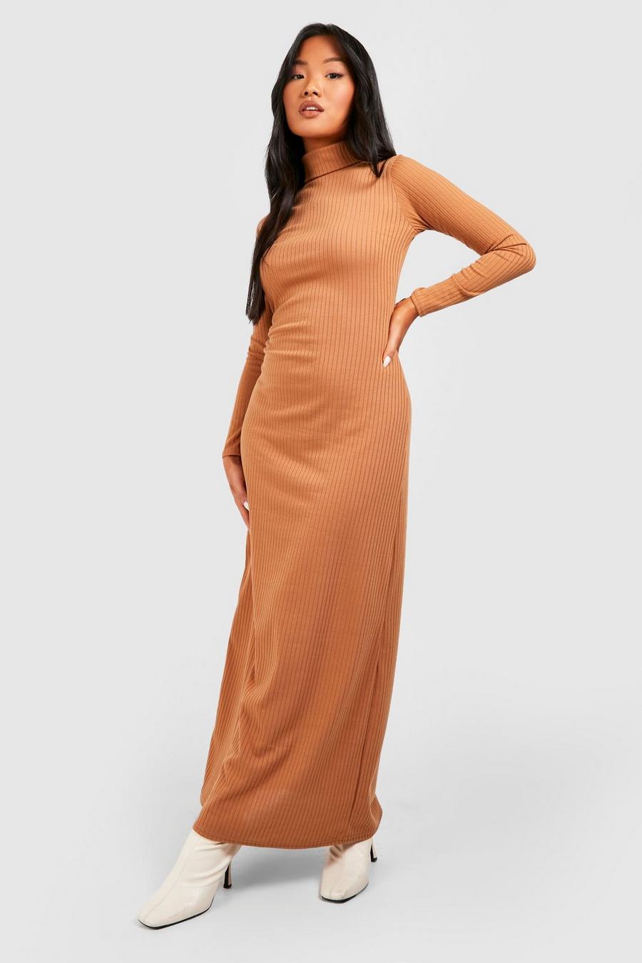 קאמל שמלת מקסי ג'מבו ריב בגזרה משוחררת עם צווארון גבוה, פטיט image number 1