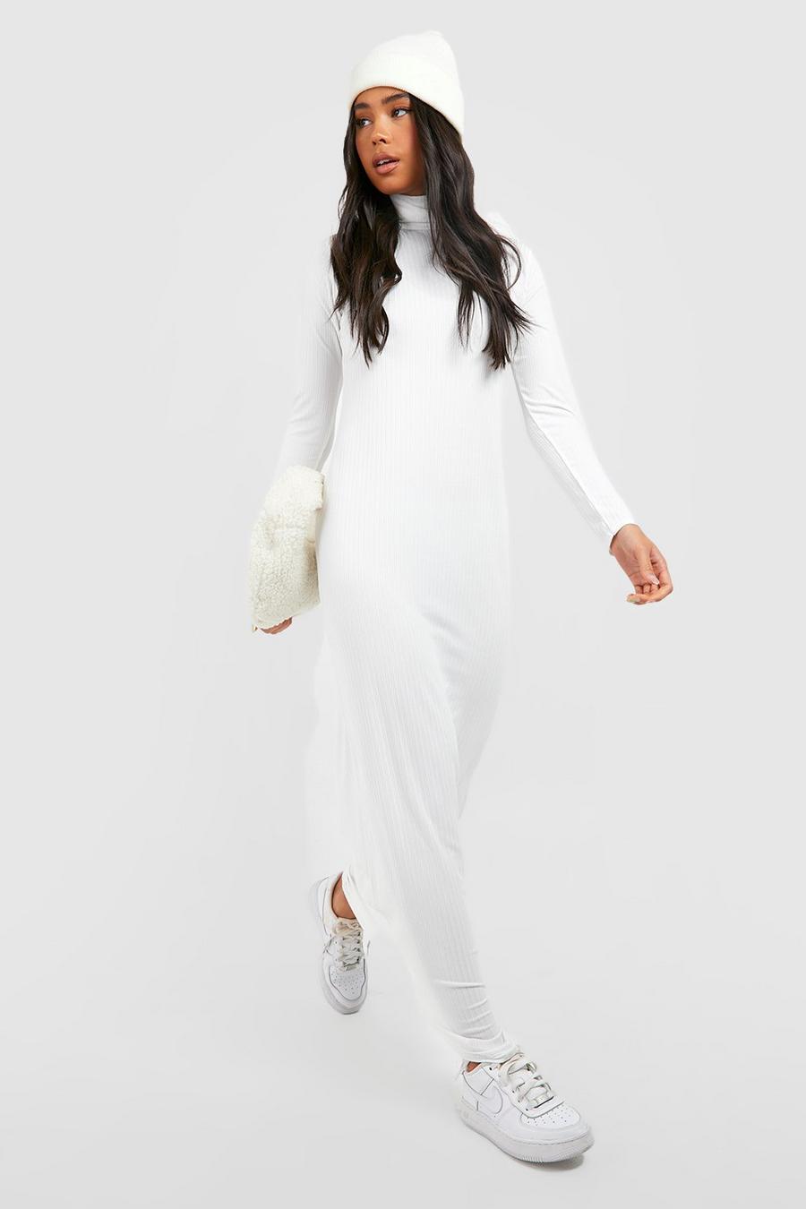 שמנת שמלת מקסי ג'מבו ריב בגזרה משוחררת עם צווארון גבוה, פטיט image number 1