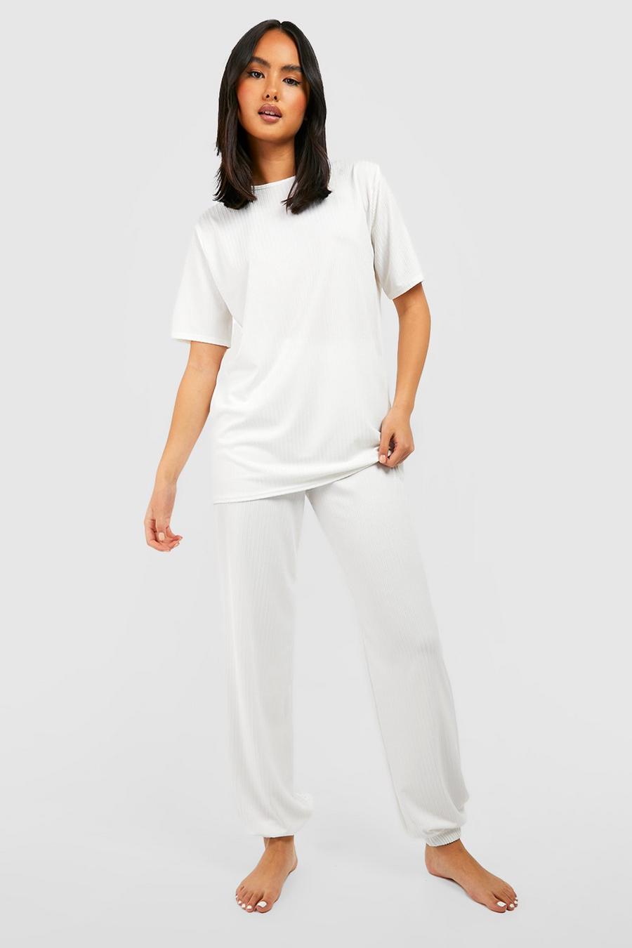Pantaloni tuta Loungewear da casa Basic Mix & Match a coste, Cream image number 1