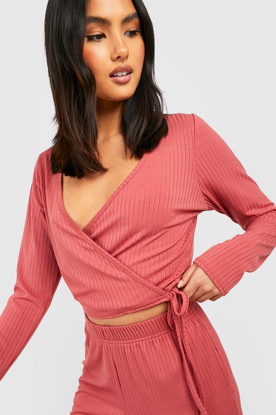 Dusty rose pink Basic Mix And Match Rib Lounge Wrap Top image number 1