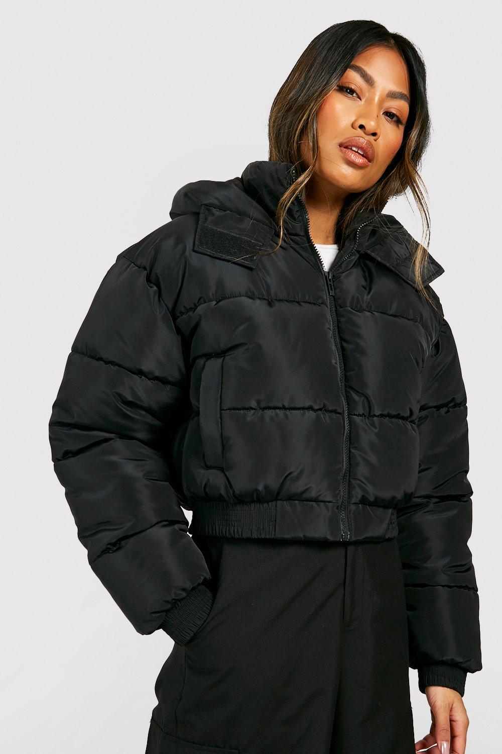 Pull&Bear cropped puffer jacket with hood in black