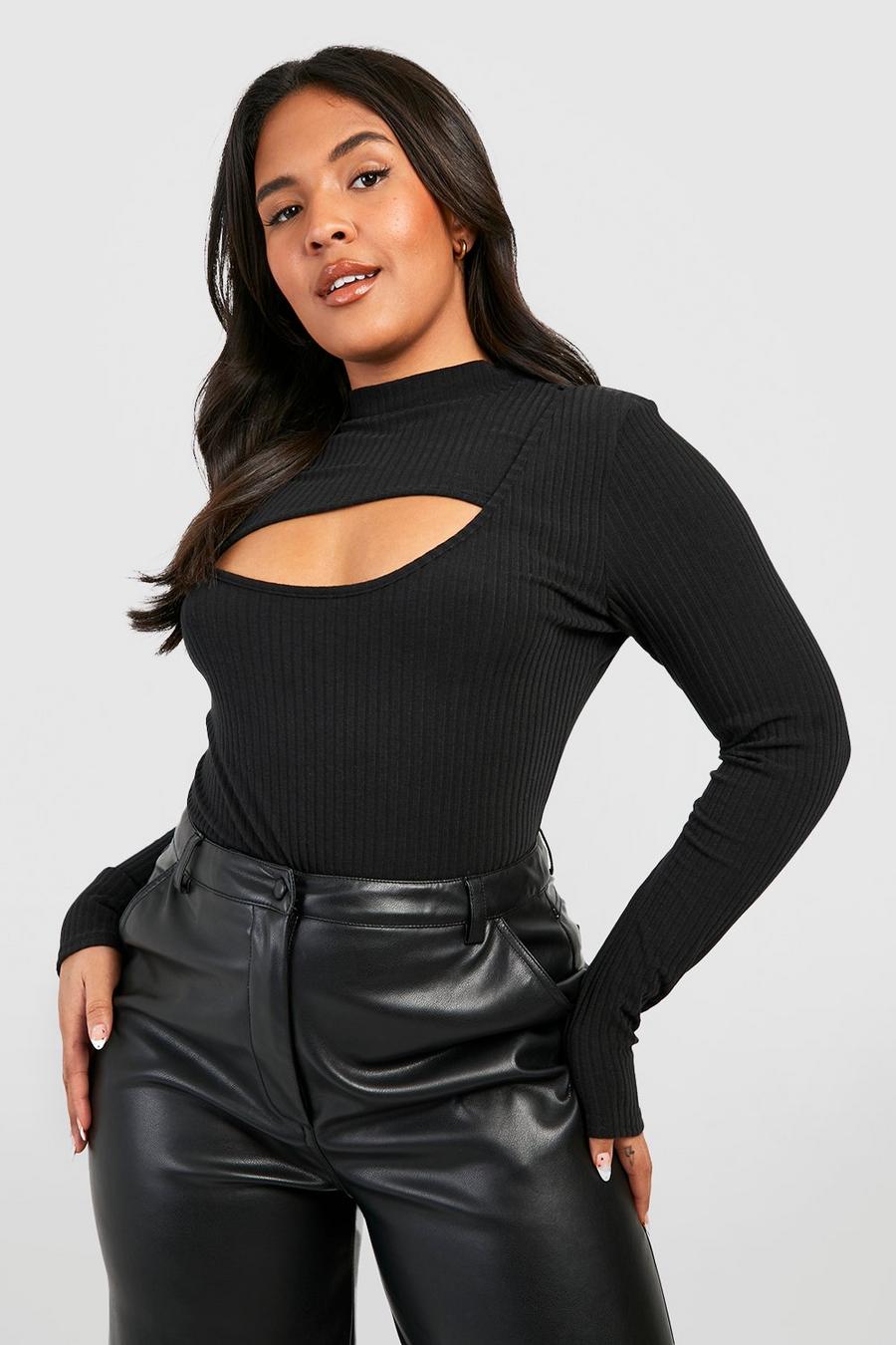 Black Plus Soft Rib High Neck Cut Out Top image number 1