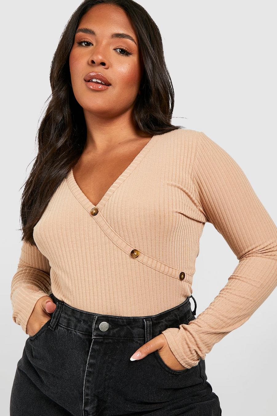 Stone beige Plus Soft Rib Button Detail V Neck Top image number 1