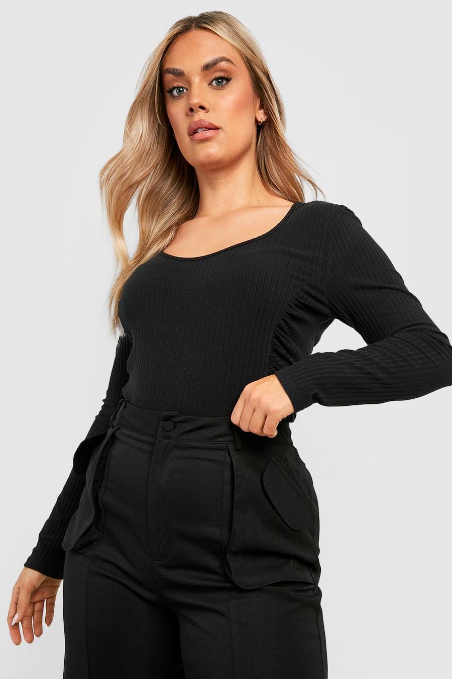 Top Plus Size a coste morbide con ruches, Black image number 1