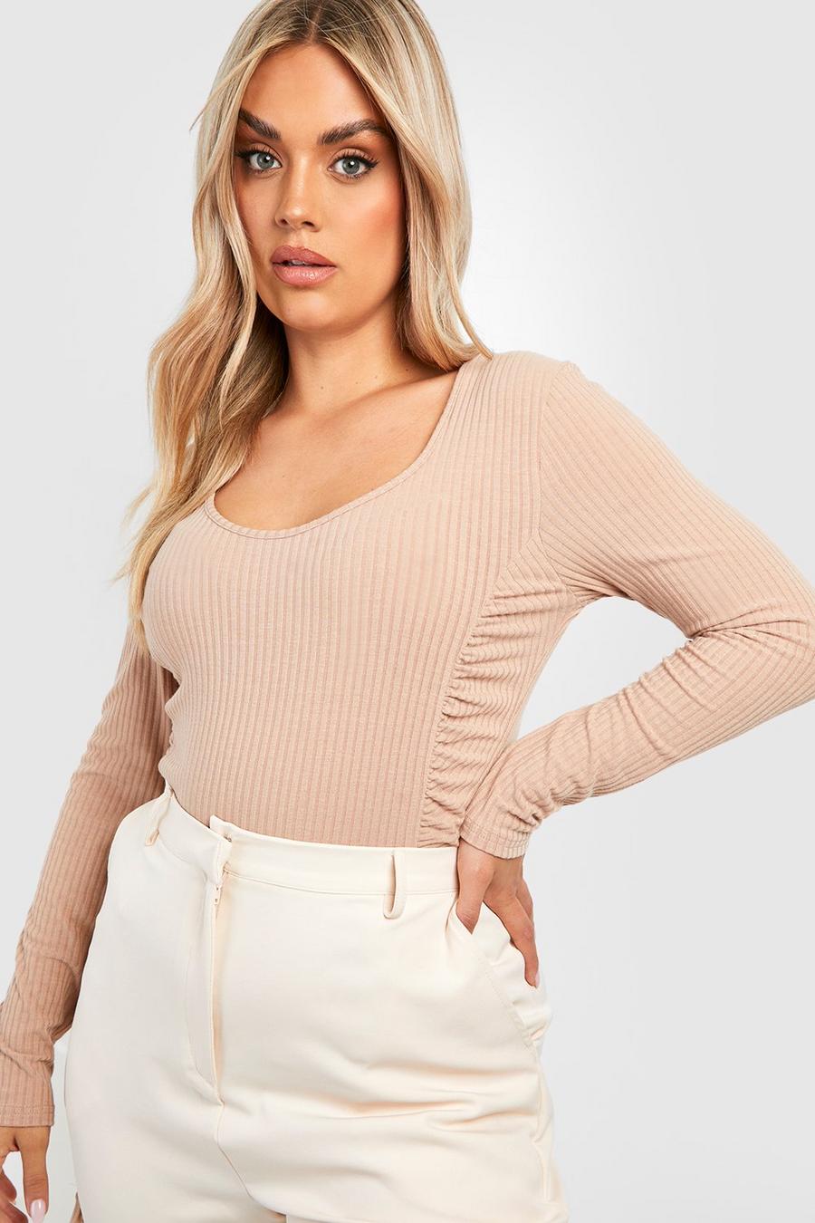 Top Plus Size a coste morbide con ruches, Taupe image number 1