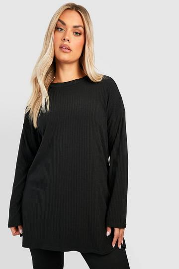 Plus Soft Rib Long Sleeve Tunic Top black