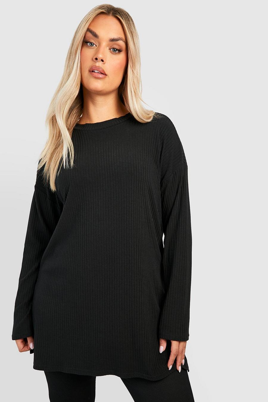 Women's Black Plus Soft Rib Long Sleeve Tunic Top