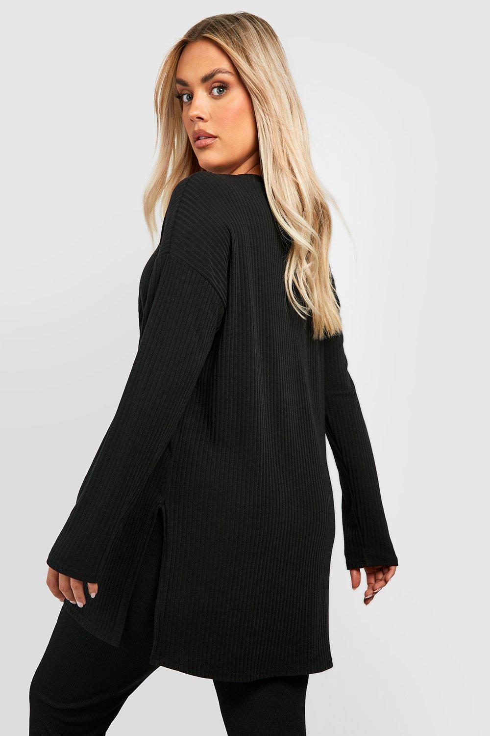 Women's Black Plus Soft Rib Long Sleeve Tunic Top