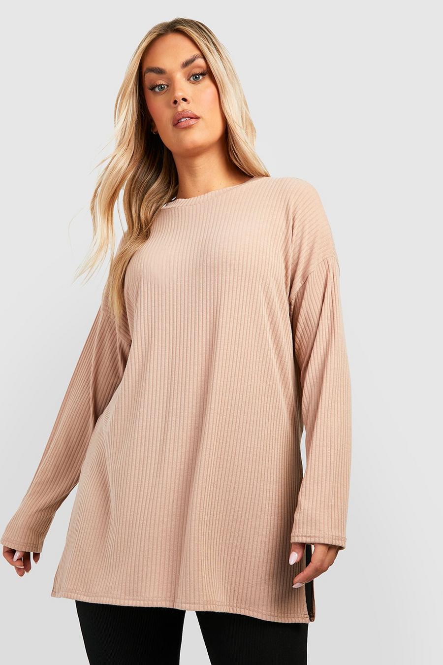 Taupe Plus Soft Rib Long Sleeve Tunic Top image number 1
