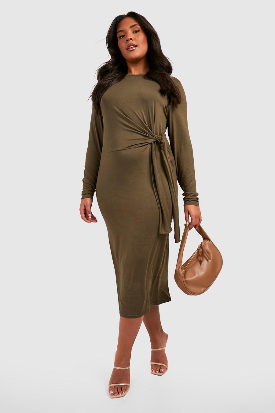Khaki Plus Long Sleeve Drape Midi Dress image number 1