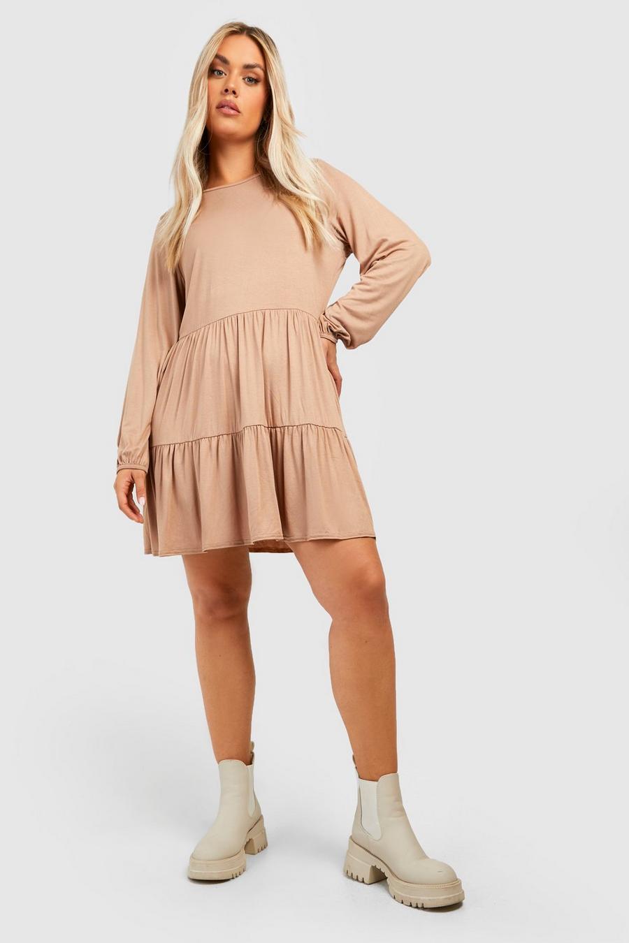 Camel Plus Long Sleeve Tiered Dress image number 1