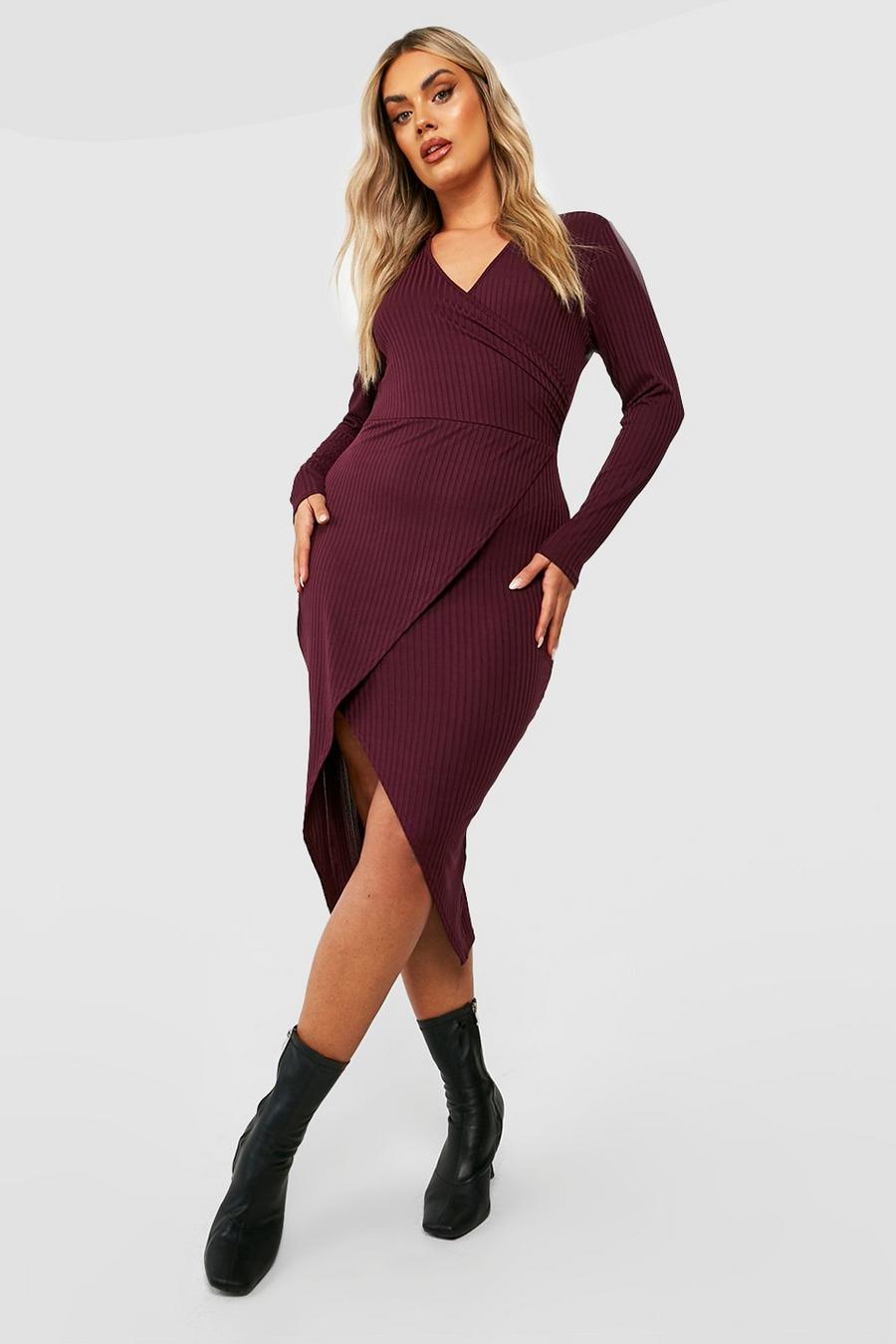 Grande taille - Robe portefeuille côtelée, Berry red