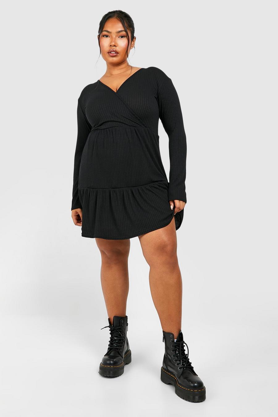 Black Plus Ribbed Tiered Wrap Dress image number 1