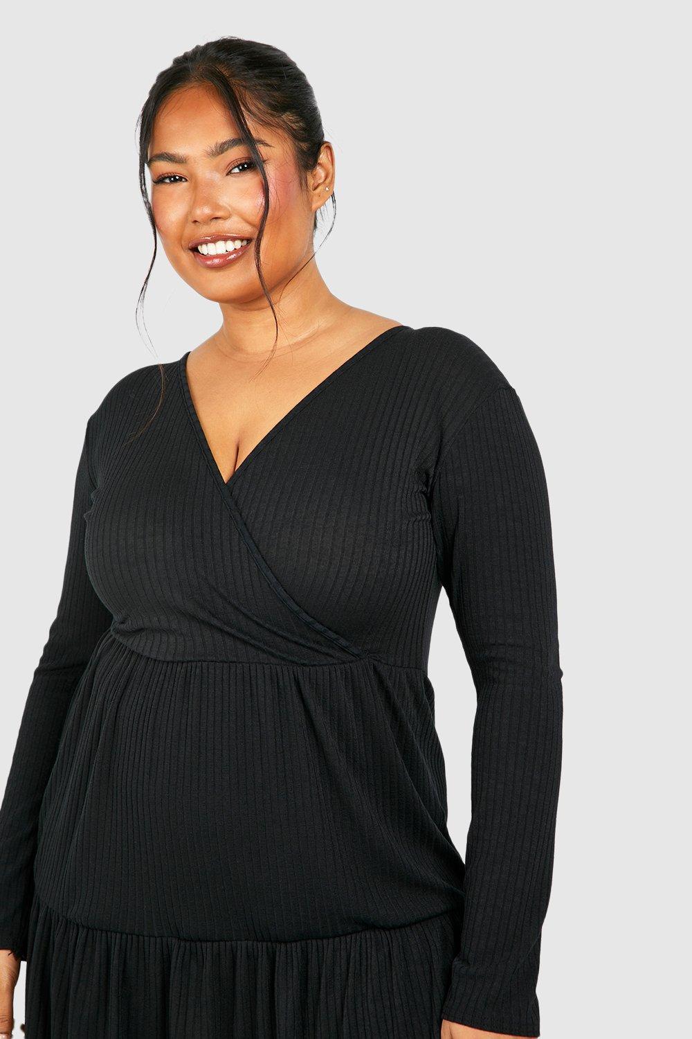 Plus Ribbed Tiered Wrap Dress