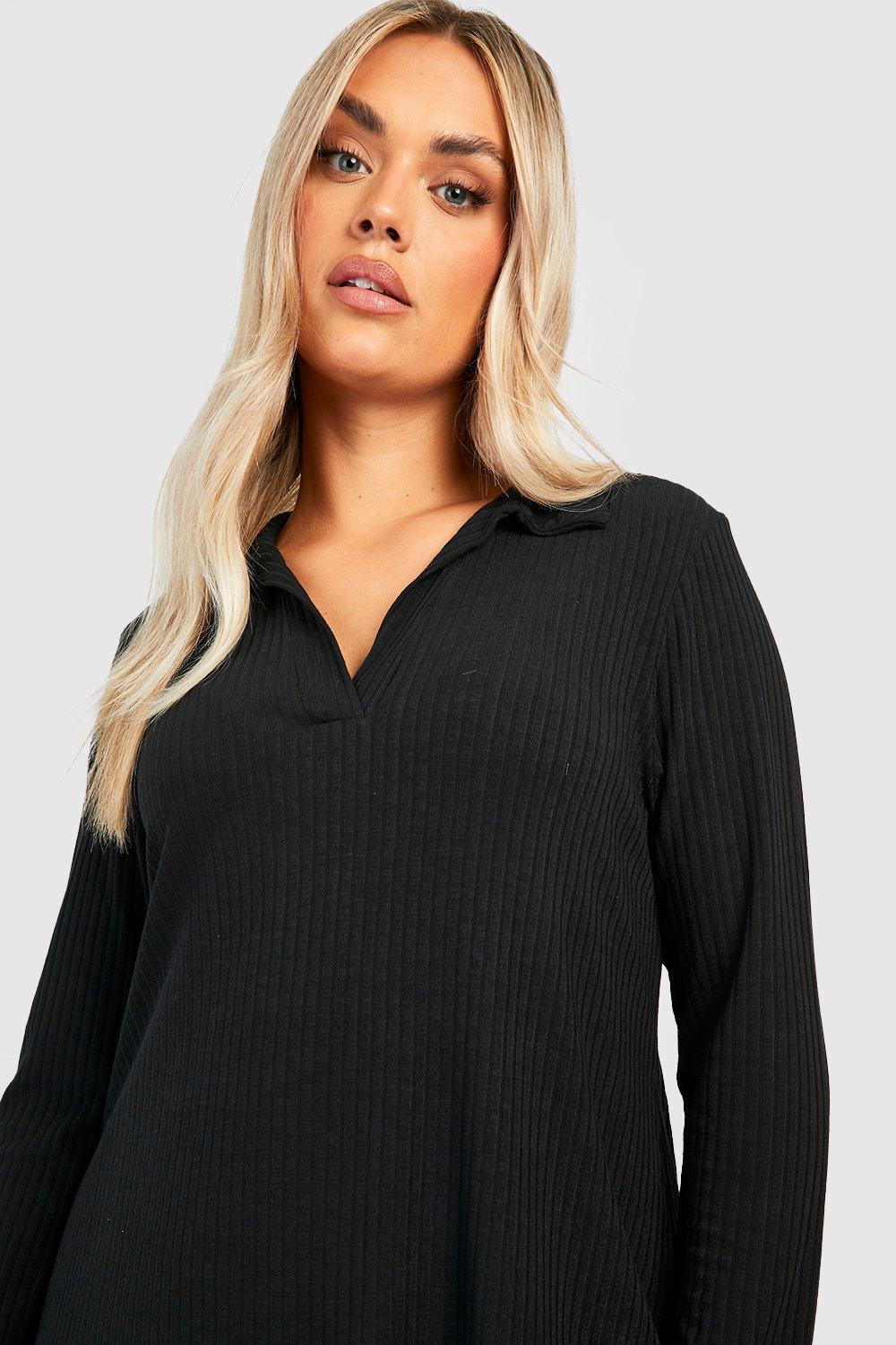 Women s Plus Soft Rib Collar Swing Dress Boohoo UK