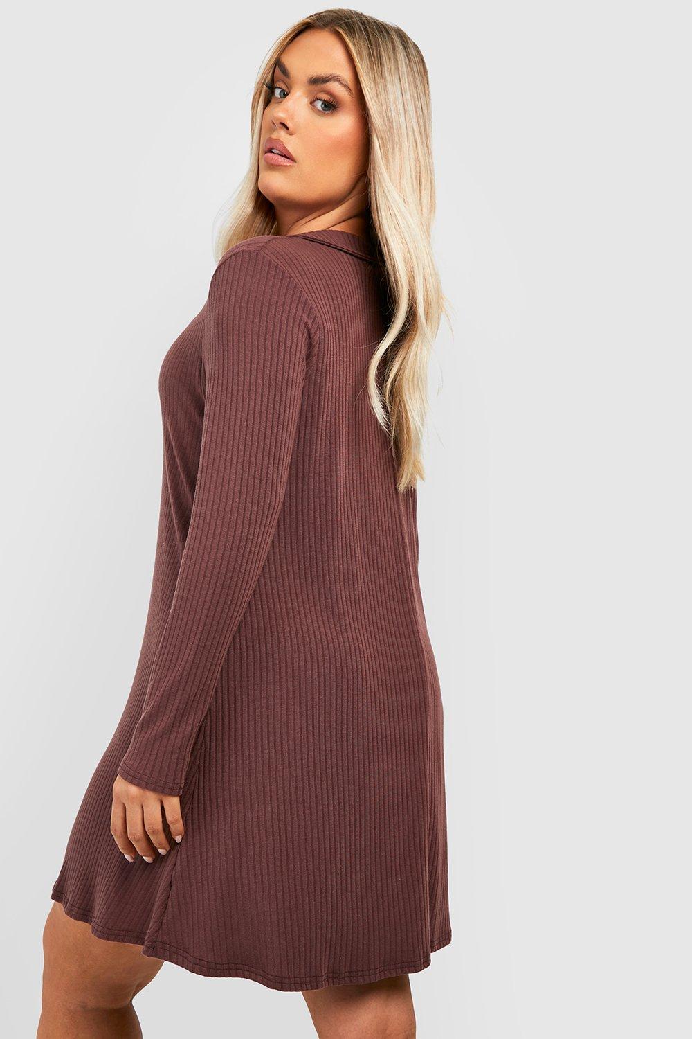 Women s Plus Soft Rib Collar Swing Dress Boohoo UK