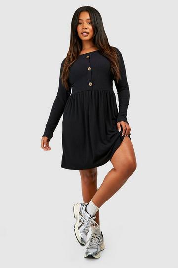 Plus Soft Rib Button Smock Dress black