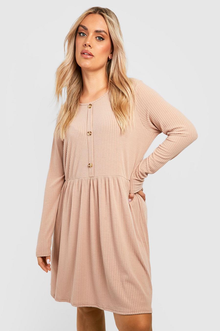 Taupe Plus Soft Rib Button Smock Dress image number 1