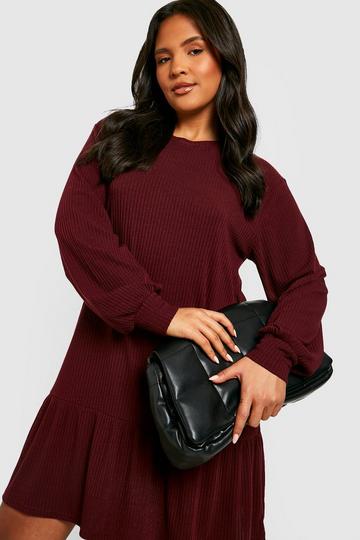 Plus Soft Rib Ruffle Hem Smock Dress wine