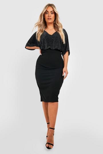 Plus Glitter Plunge Batwing Midi Dress black