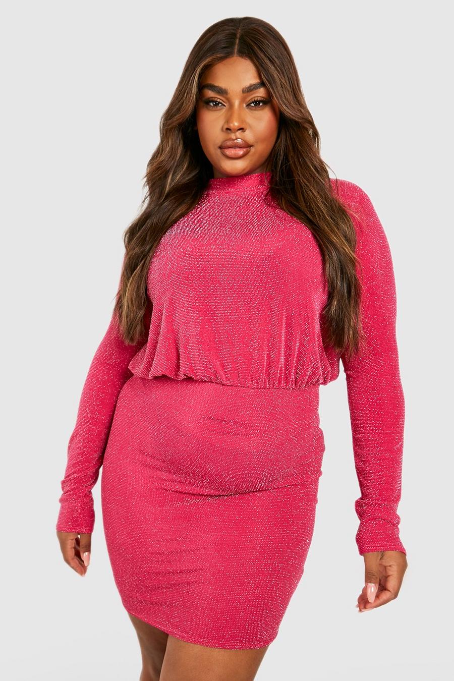 Hot pink Plus Metallic High Neck Mini Dress image number 1