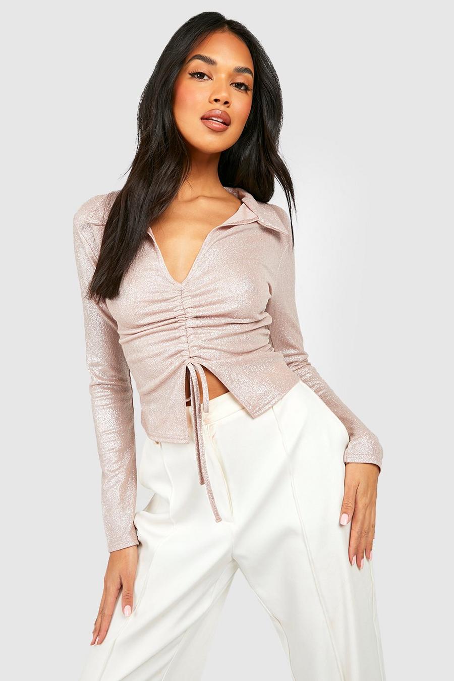 Nude Ruched Front Metallic Crop Shirt image number 1