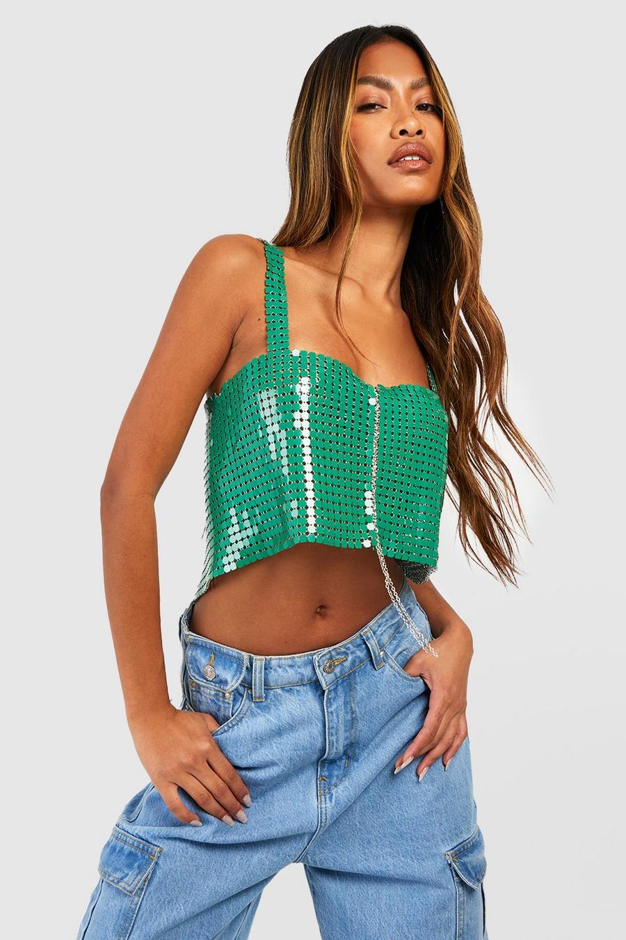 Women's Green Chainmail Square Neck Cropped Top | Boohoo UK