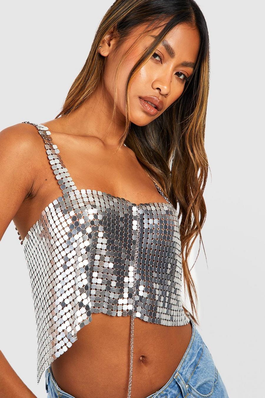 Silver Chainmail Square Neck Cropped Top image number 1