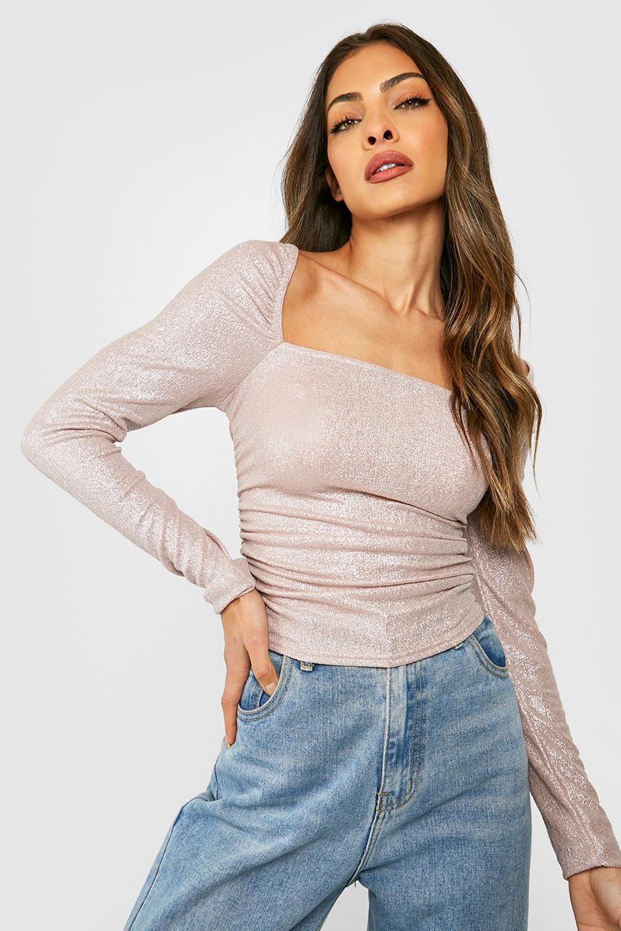 Rose gold metallic Foil Effect Puff Sleeve Ruched Top