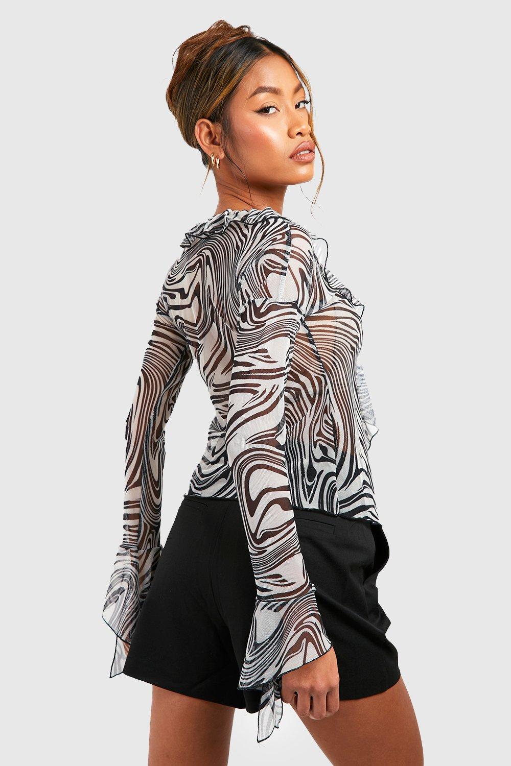 Mesh Ruffle Lace Up Zebra Print Top | boohoo USA Mesh Ruffle Lace Up Zebra Print Top | boohoo USA