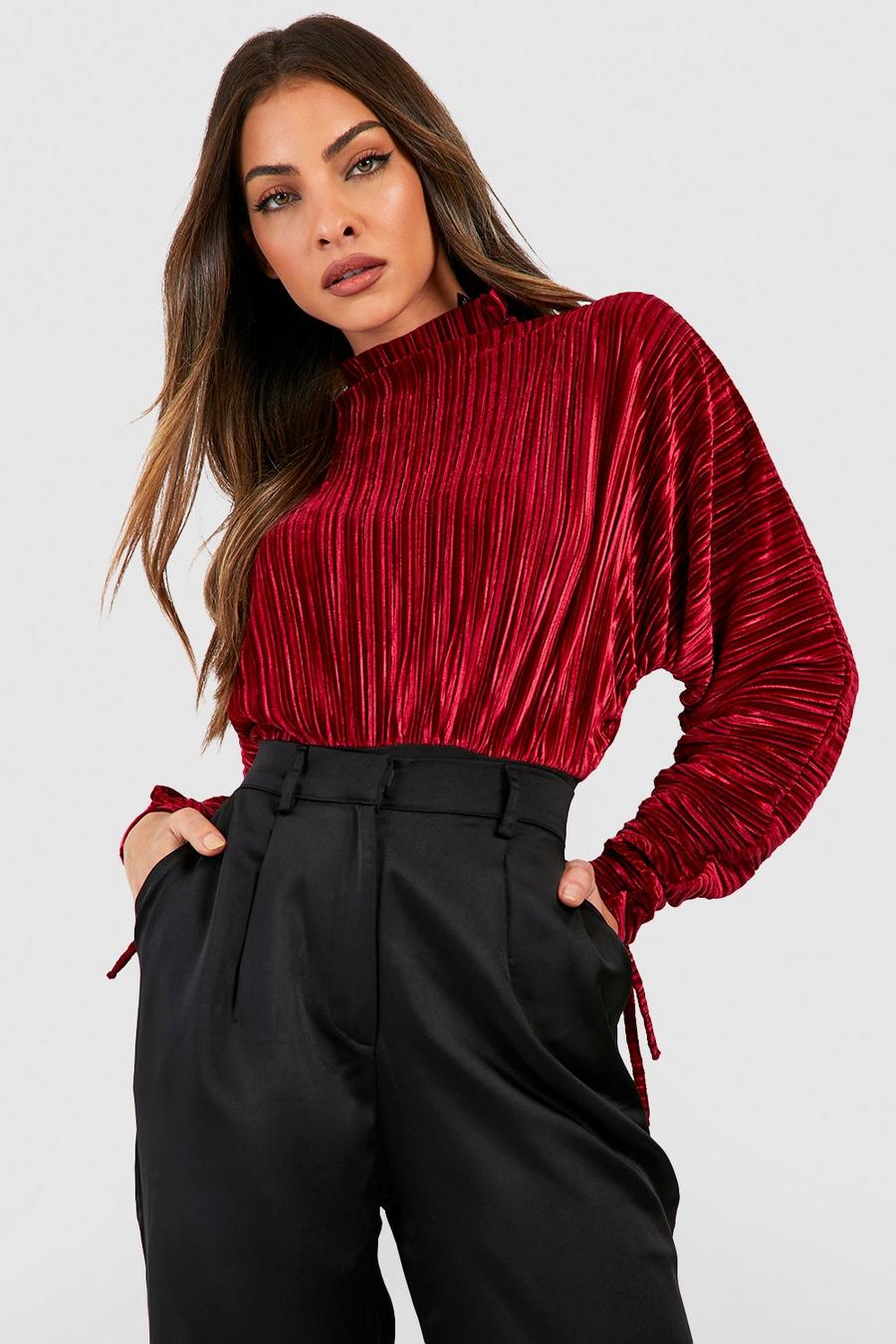 Berry red Velvet Pleated Plisse Ruched Sleeve Bodysuit