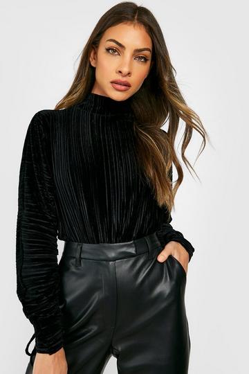 Velvet Pleated Plisse Ruched Sleeve Bodysuit black