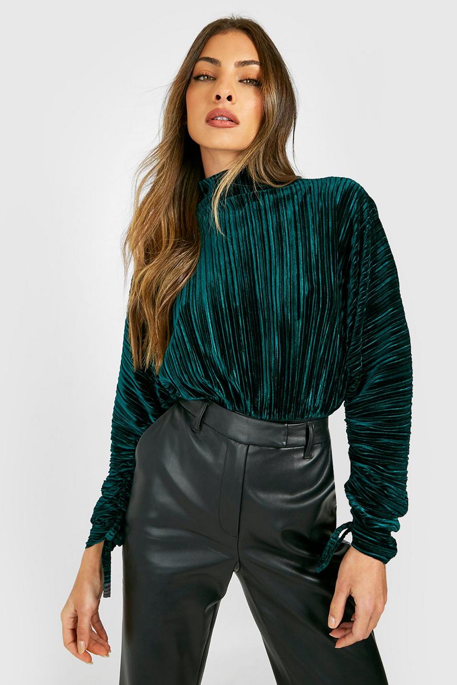 Emerald Velvet Pleated Plisse Ruched Sleeve Bodysuit image number 1