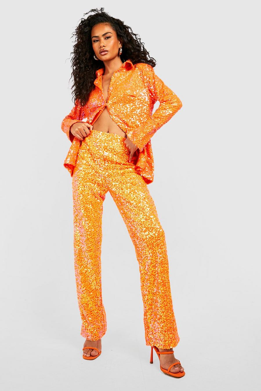 Orange Color Pop Iridescent Sequin Wide Leg Pants image number 1