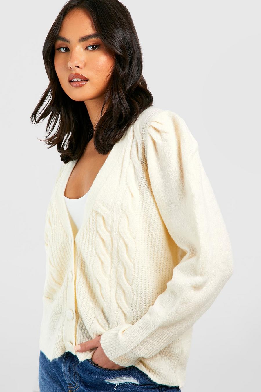 Ivory Puff Sleeve Cable Knit Cardigan image number 1