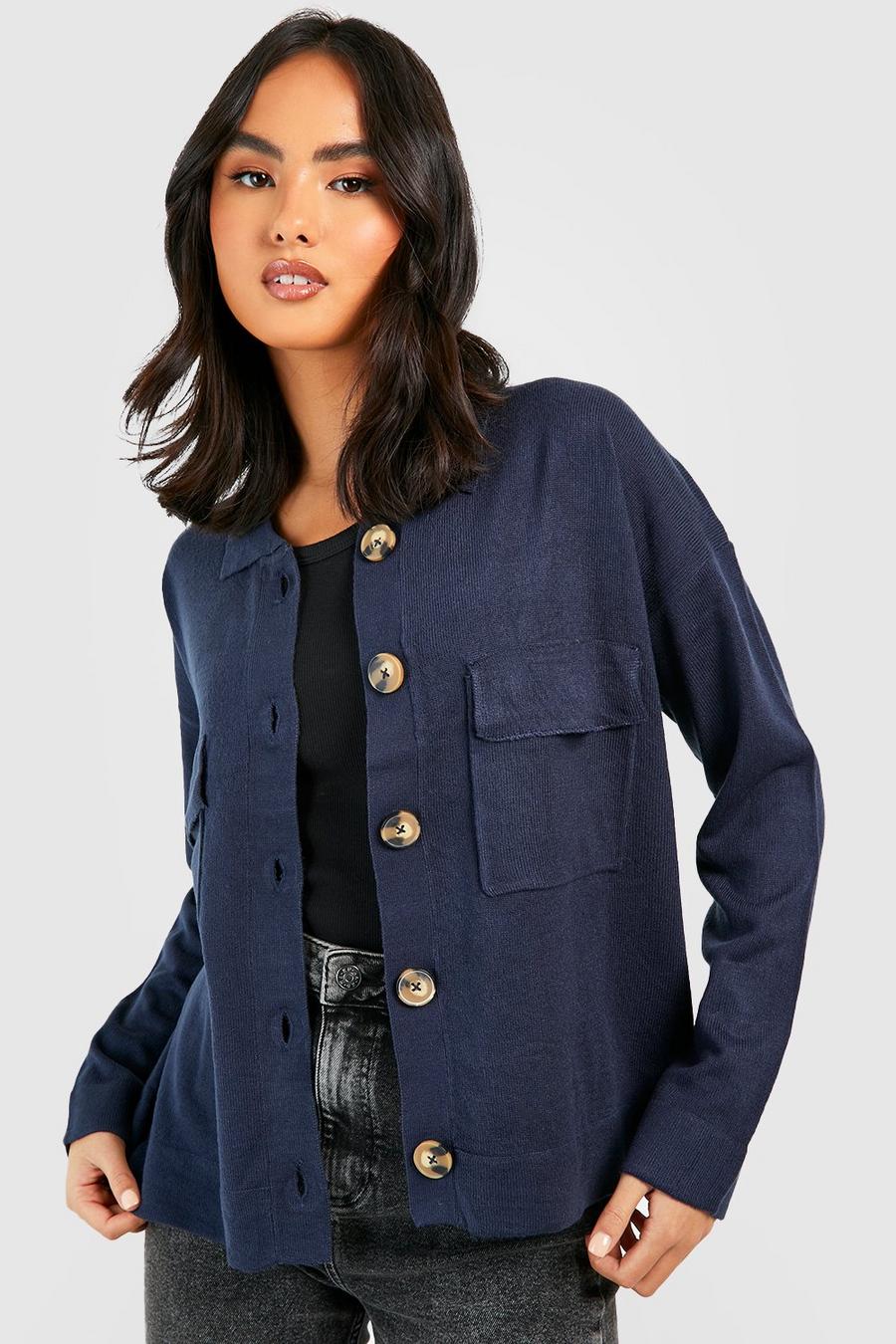Navy Fine Knit Polo Collar Cardigan image number 1