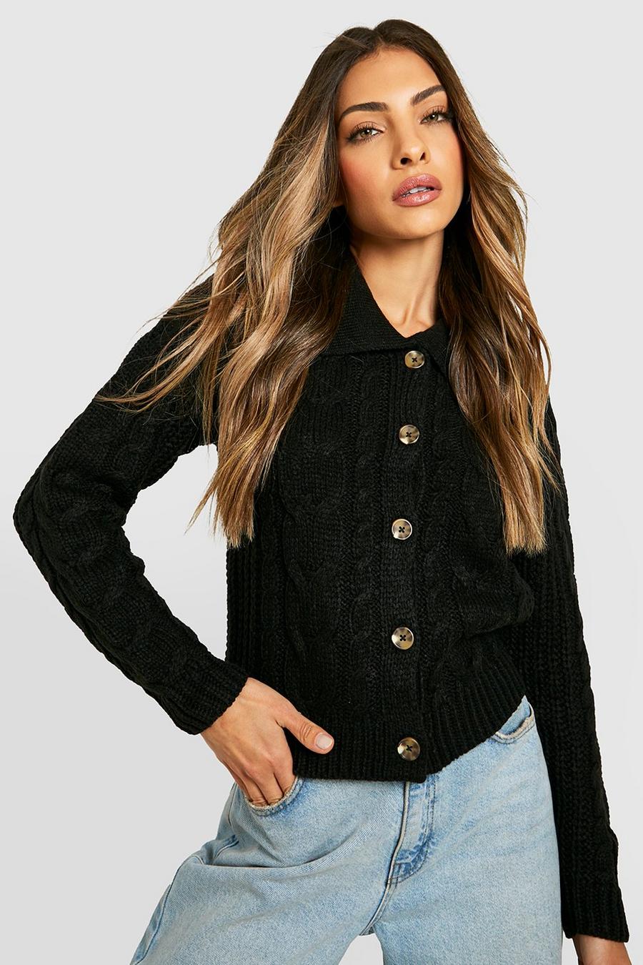 Black Cable Detail Polo Collar Cardigan image number 1