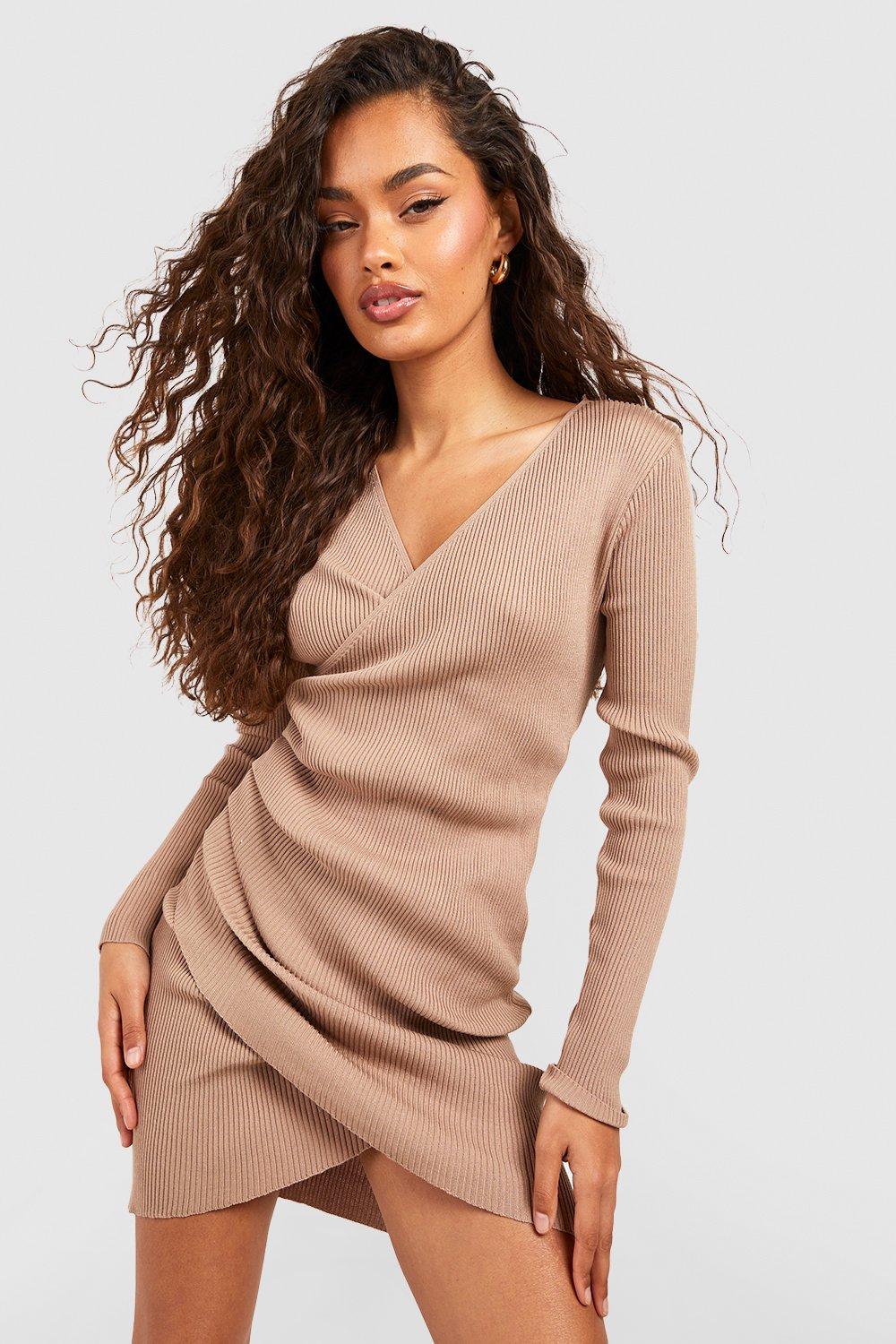 Long-Sleeve V-Neck Ruched Knit Mini Bodycon Dress