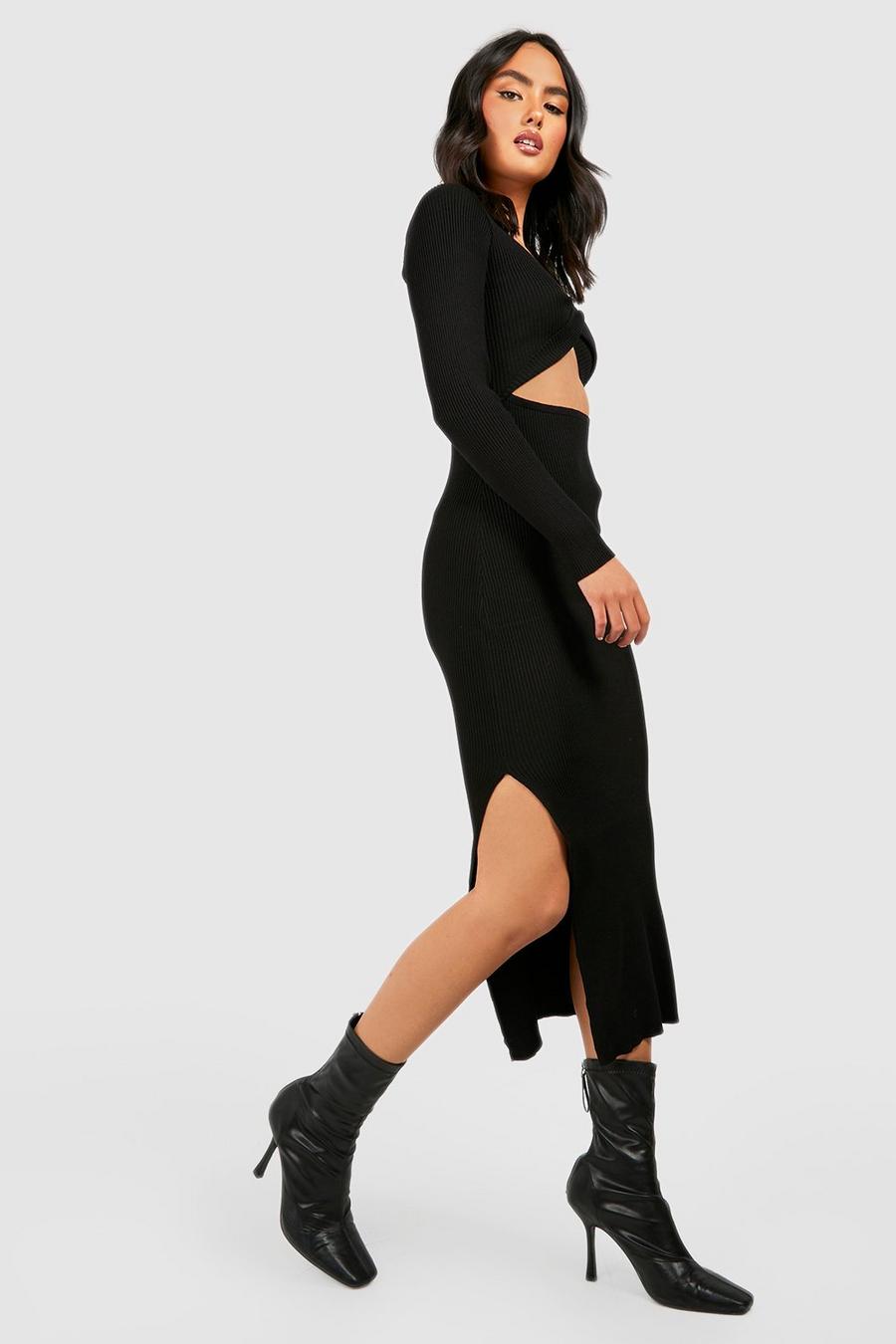 Black Tie Front Cut Out Detail Rib Knit Midi Dress image number 1