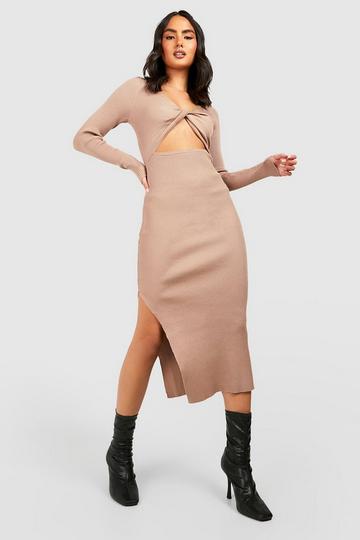 Opgeknoopte Geribbelde Gebreide Cut Out Midi Jurk stone