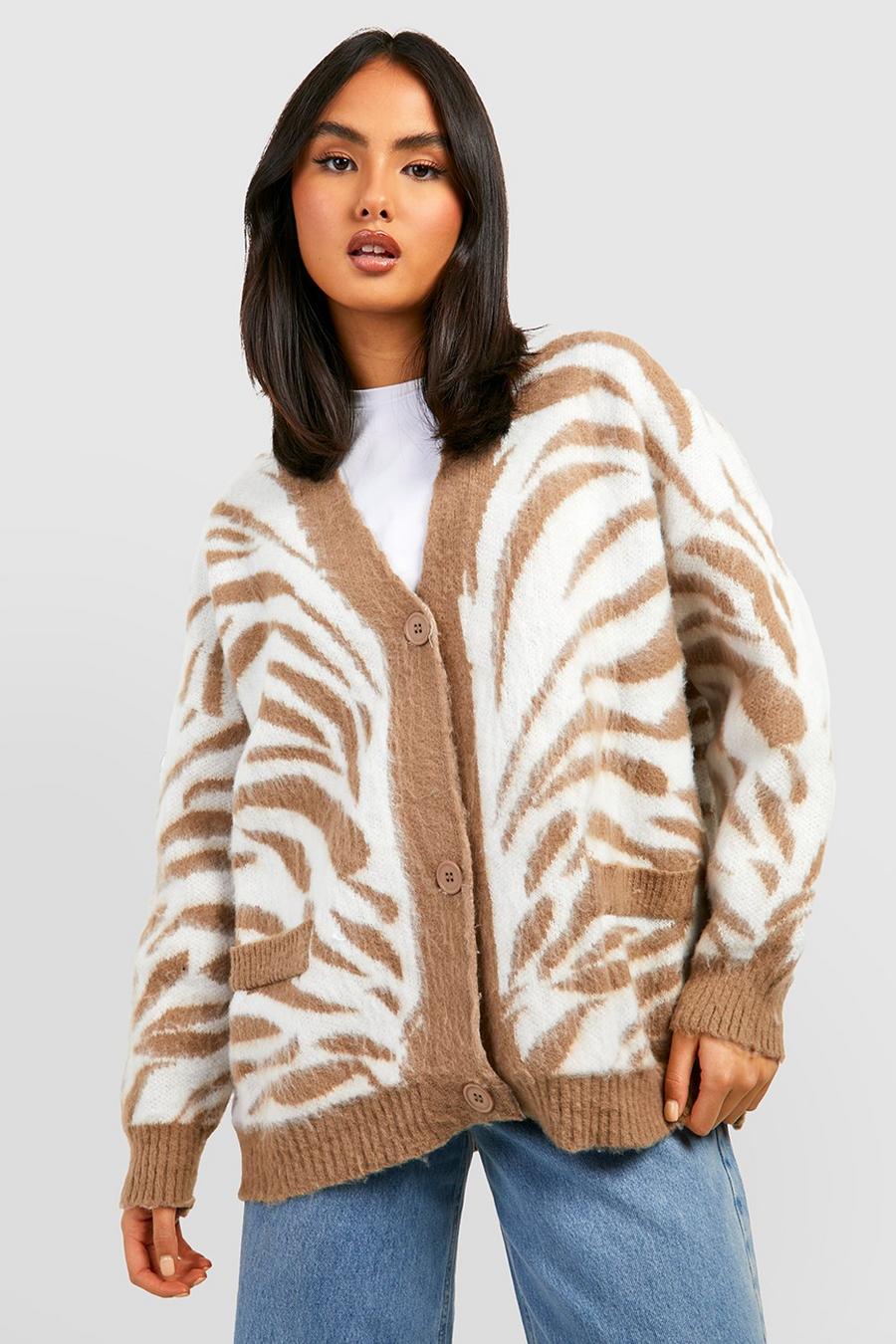 Stone beige Premium Brushed Knit Tiger Print Slouchy Boyfriend Cardigan image number 1