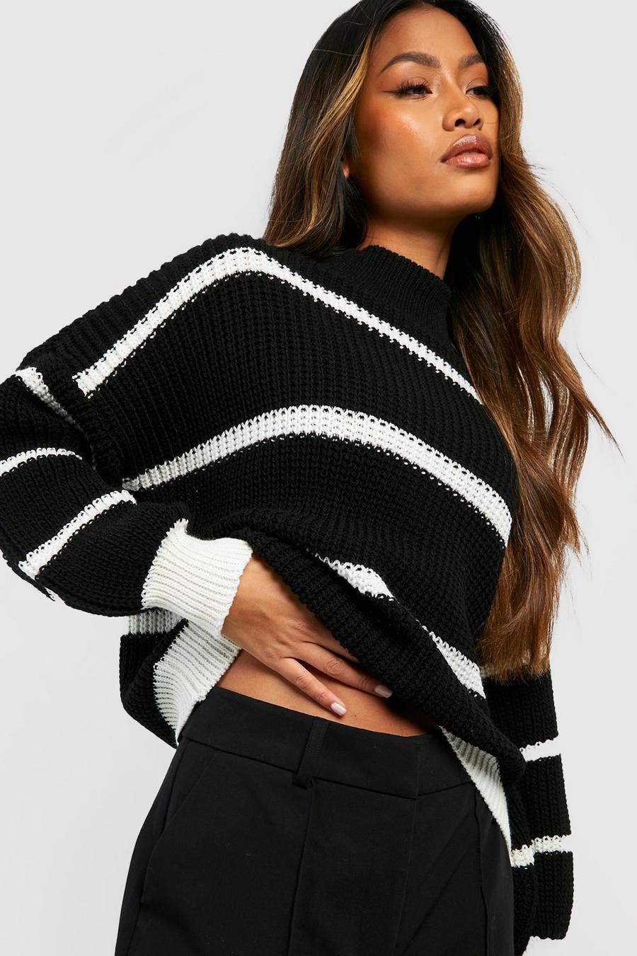 Black High Neck Stripe Sweater image number 1