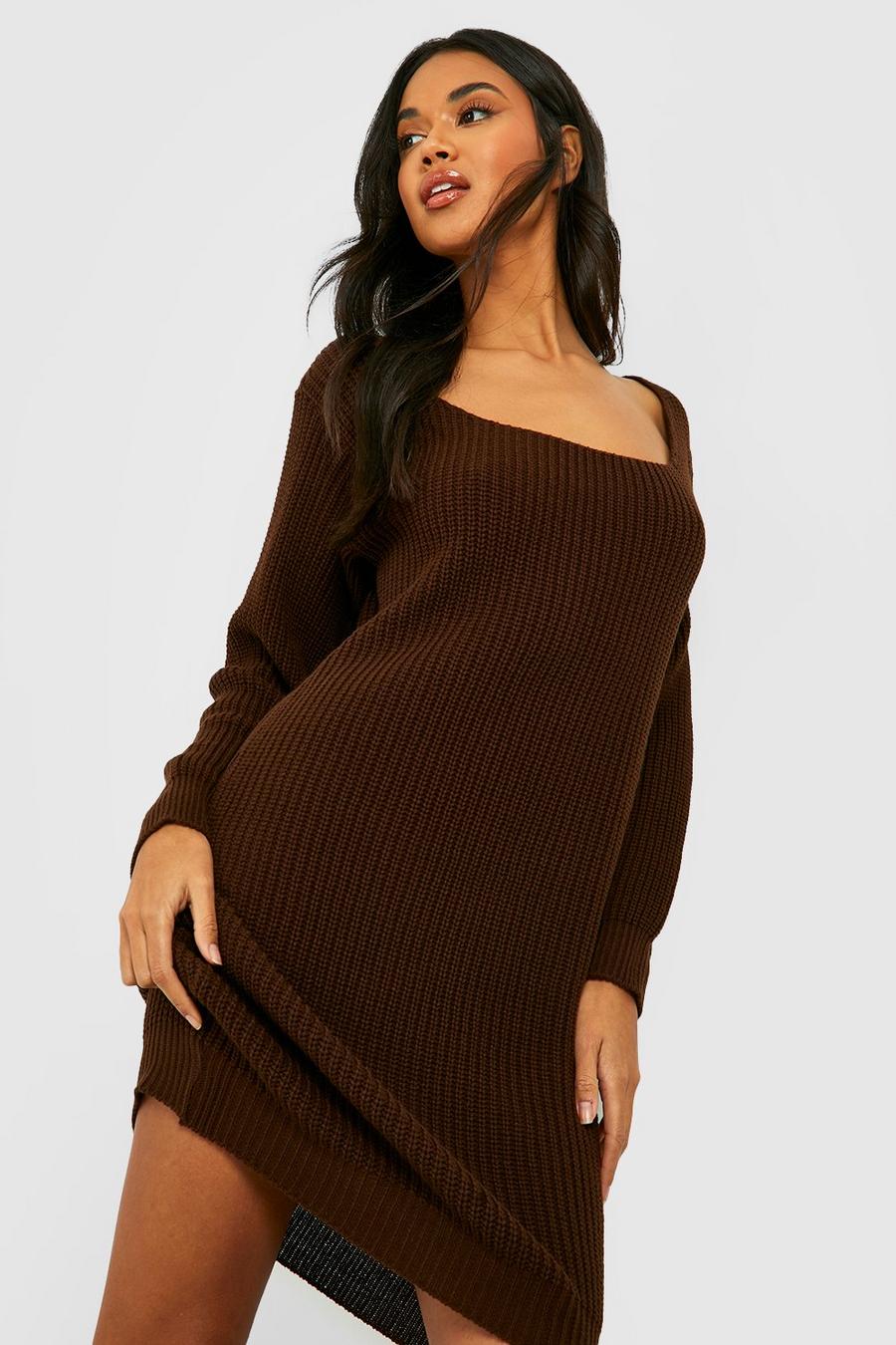 Chocolate Boat Neck Fisherman Sweater Dress image number 1