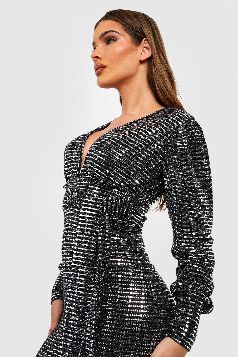 Women's Sequin Plunge Tie Waist Midi Dress | Boohoo UK