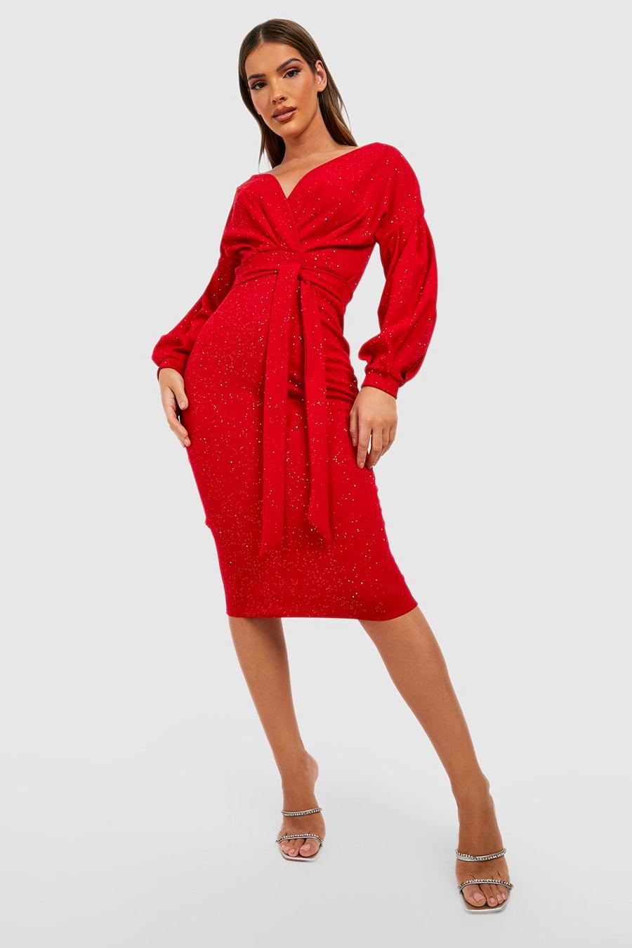 Red Glitter Wrap Off Shoulder Midi Dress