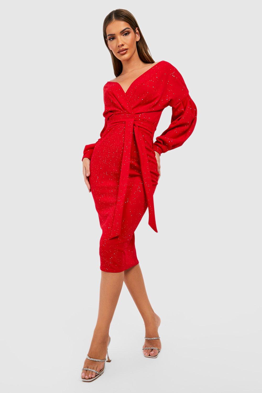 Red glitter cheap wrap dress