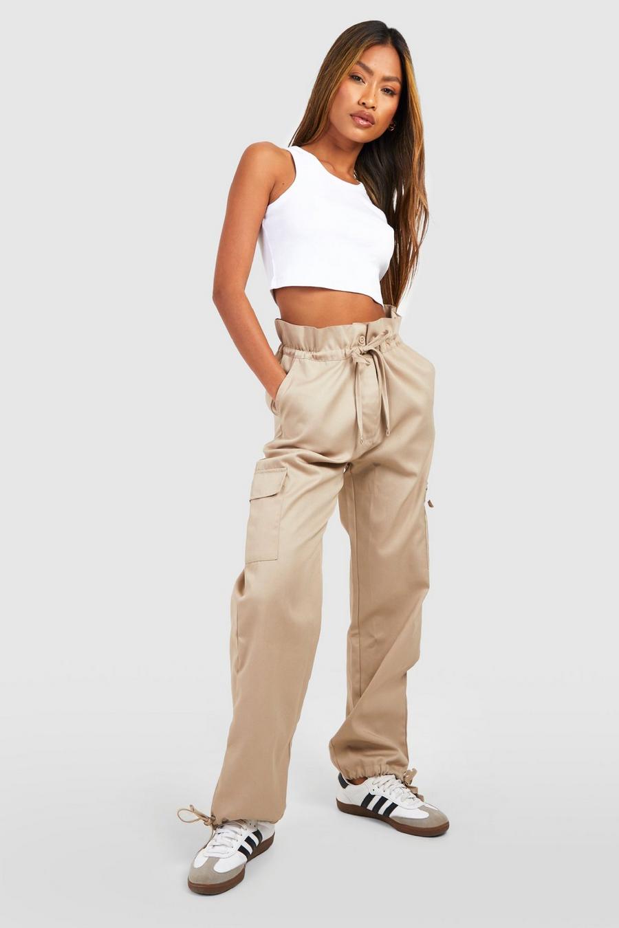 Stone beis Paper Bag High Waisted Woven Cargo Pants