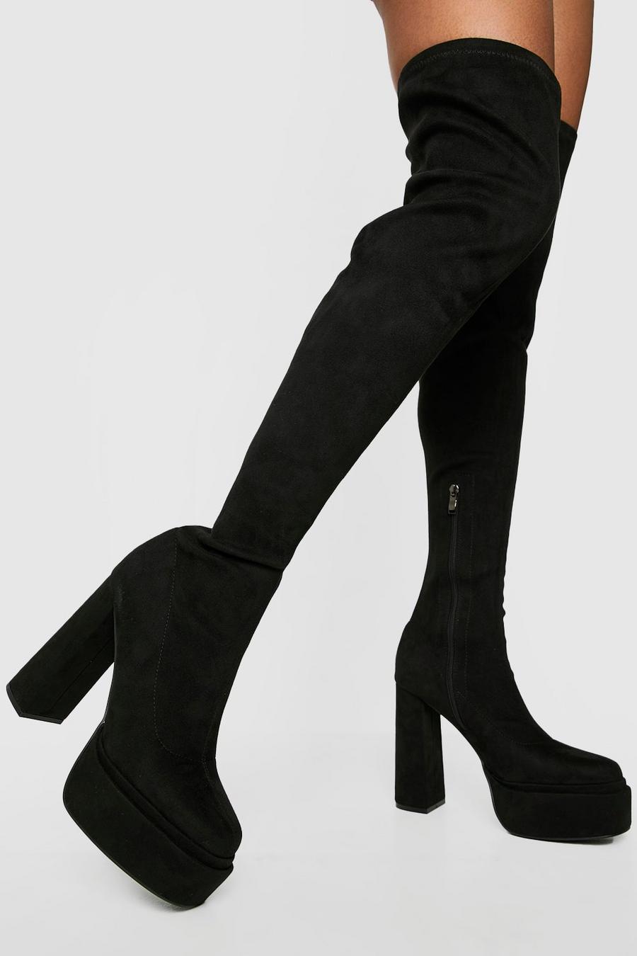 Thigh High Stretch Platform Boots , Black negro