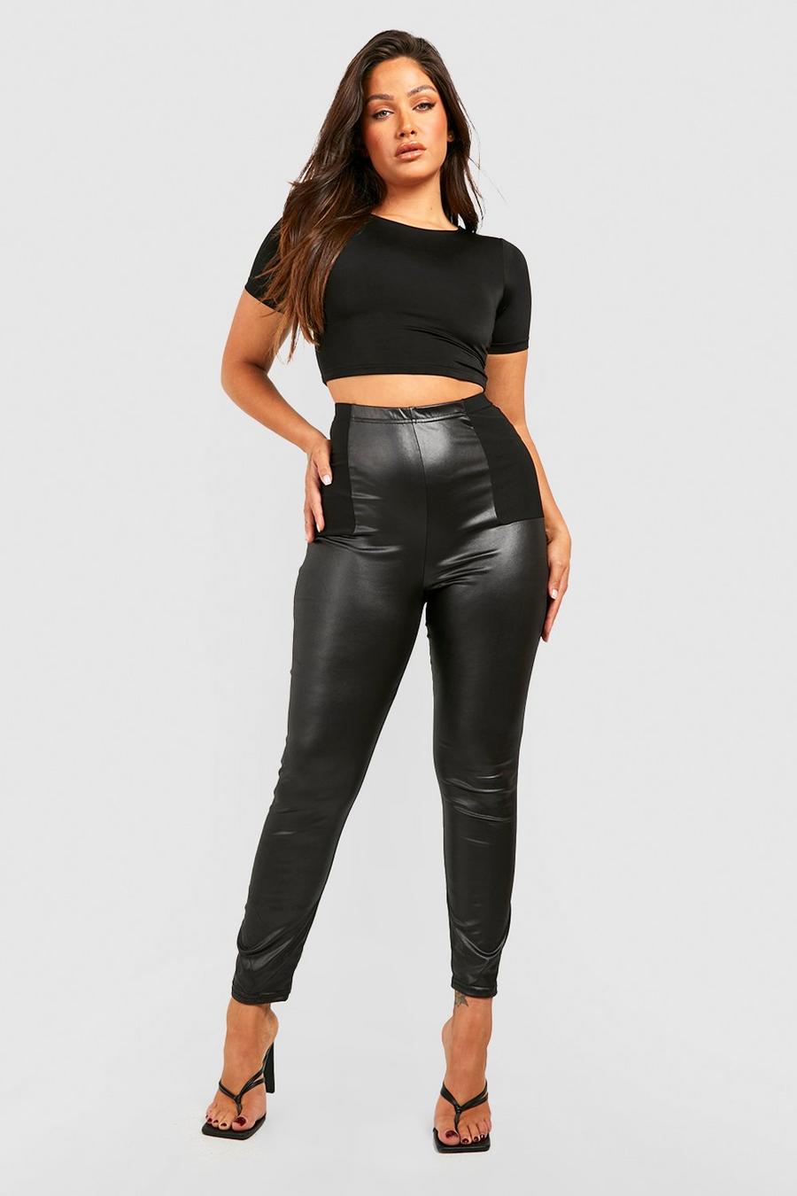 Black Plus High Waisted Contour Panel Wet Look Leggings image number 1