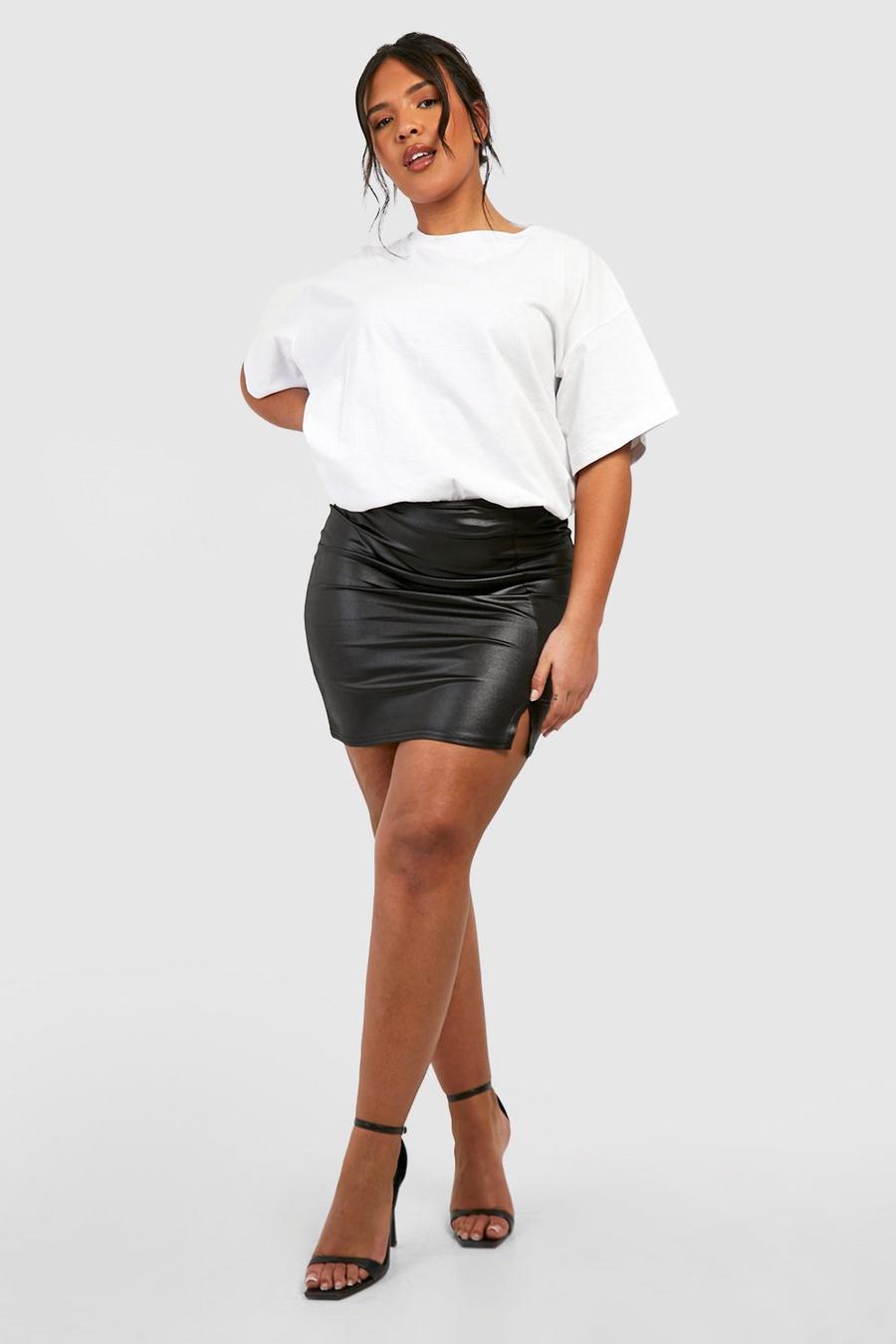 Black Plus Shiny High Waisted Split Hem Mini Skirt image number 1